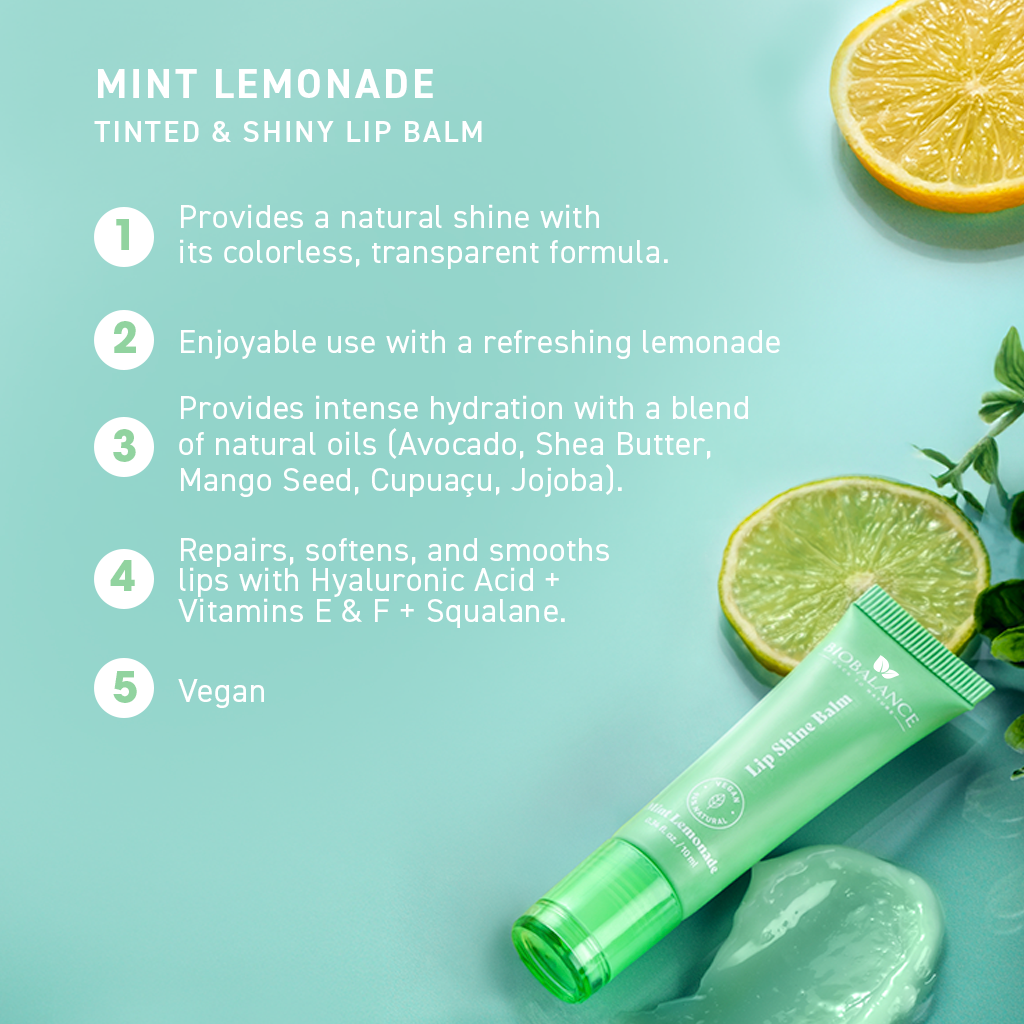 BIO BALANCE Lip Shine Balm Mint Lemonade – blizgesį suteikiantis maitinamasis lūpų balzamas