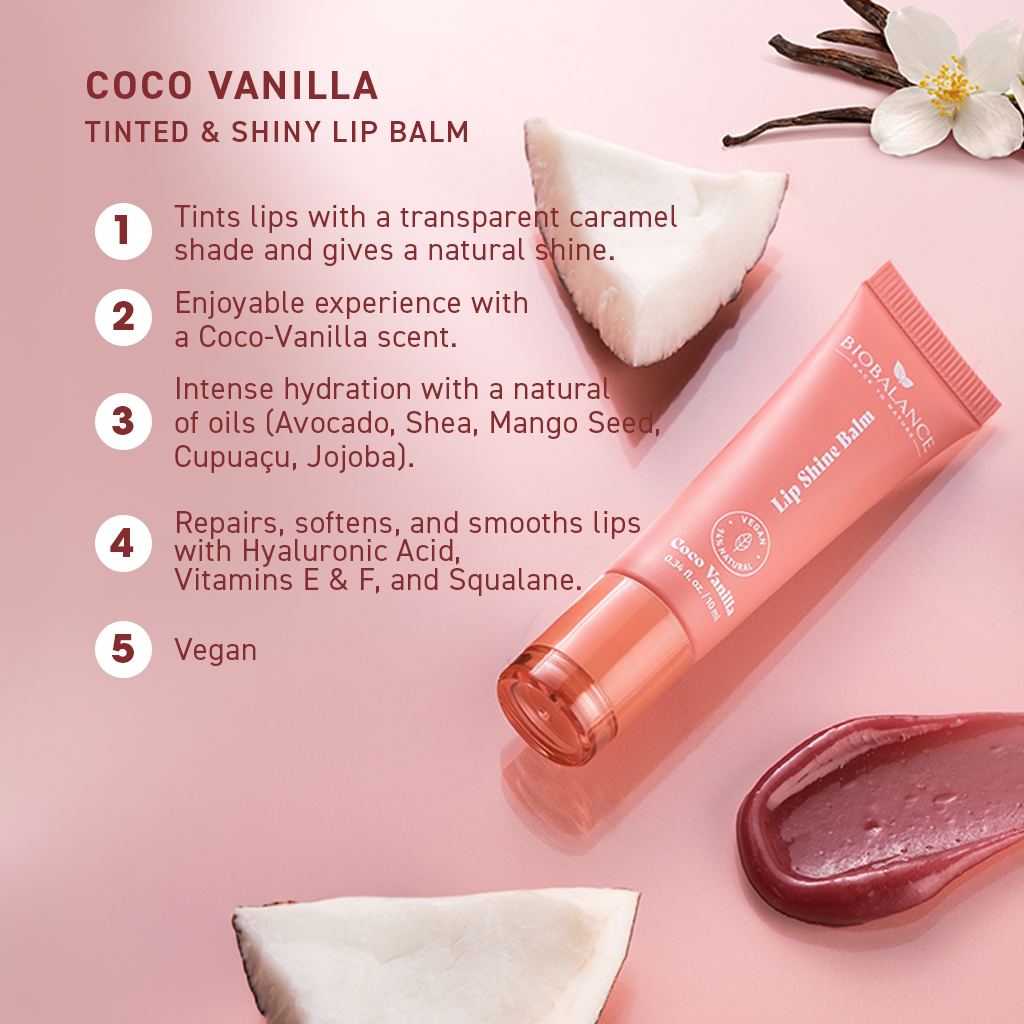 BIO BALANCE Lip Shine Balm Coco Vanilla – blizgesį suteikiantis maitinamasis lūpų balzamas