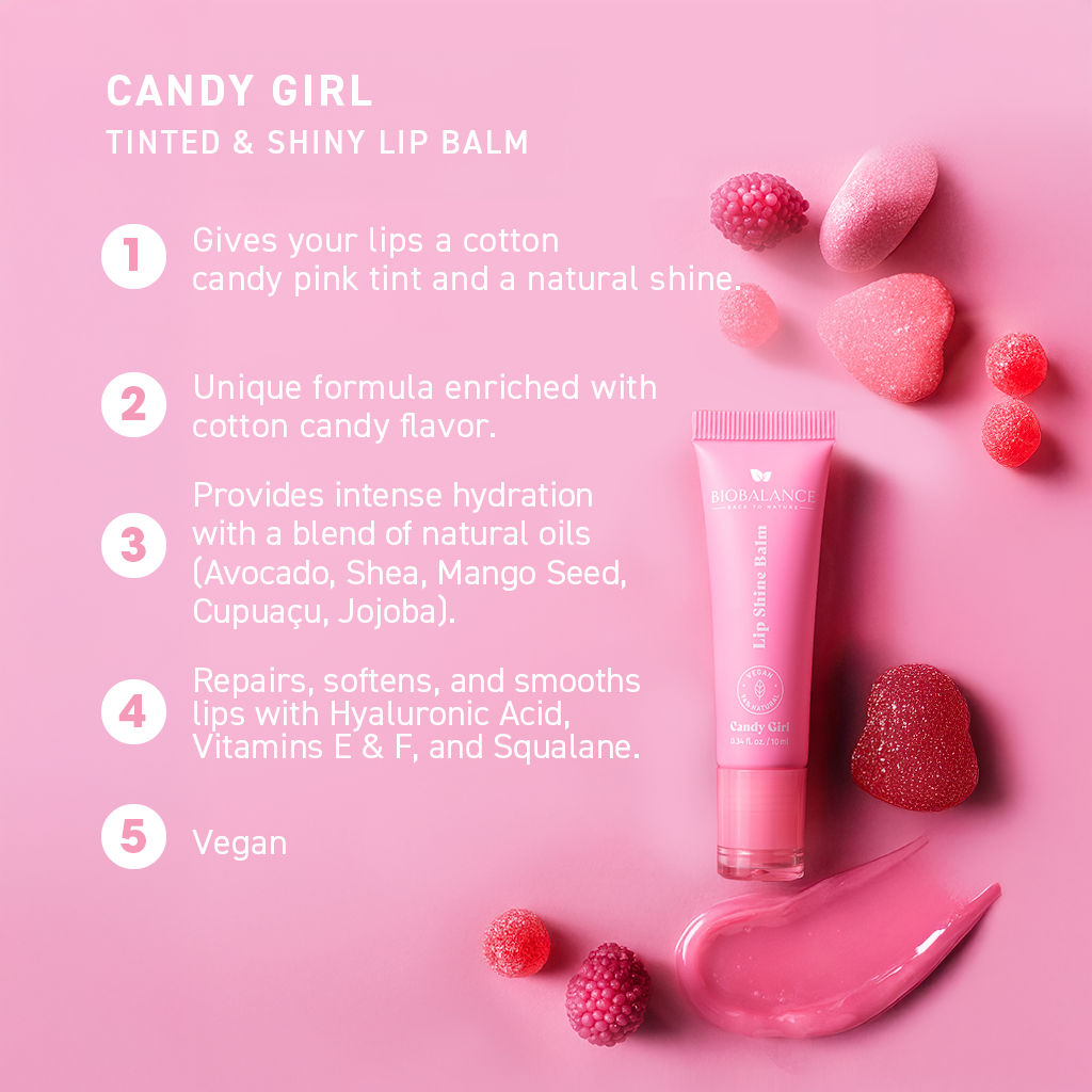 BIO BALANCE Lip Shine Balm Candy Girl – blizgesį suteikiantis maitinamasis lūpų balzamas