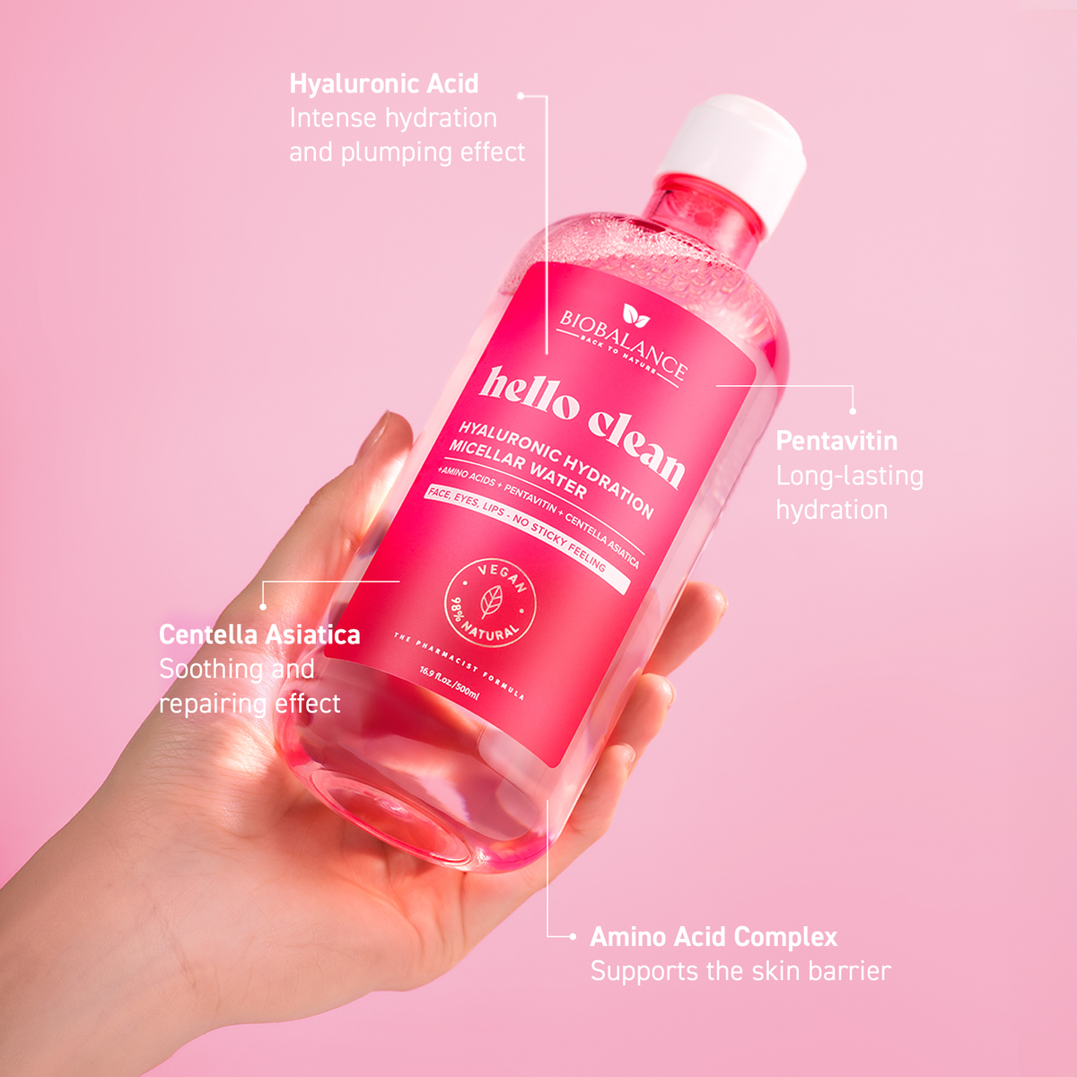 BIO BALANCE Hello Clean Hyaluronic Hydration – drėkinamasis micelinis vanduo su hialuronu