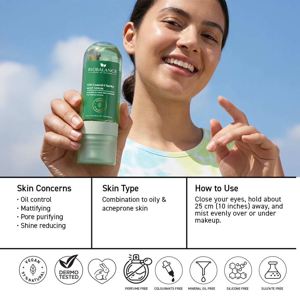 BIO BALANCE Oil Control Clarity Mist Serum  – riebalų išsiskyrimą reguliuojanti veido dulksna-serumas