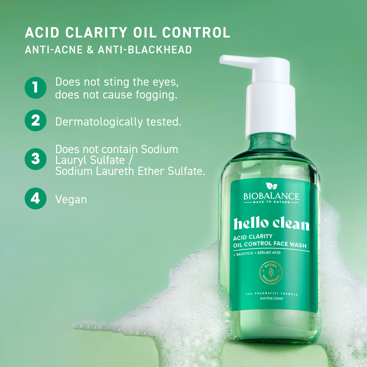 BIO BALANCE Hello Clean Acid Clarity Oil Control Face Wash – riebalų balansą reguliuojantis veido prausiklis