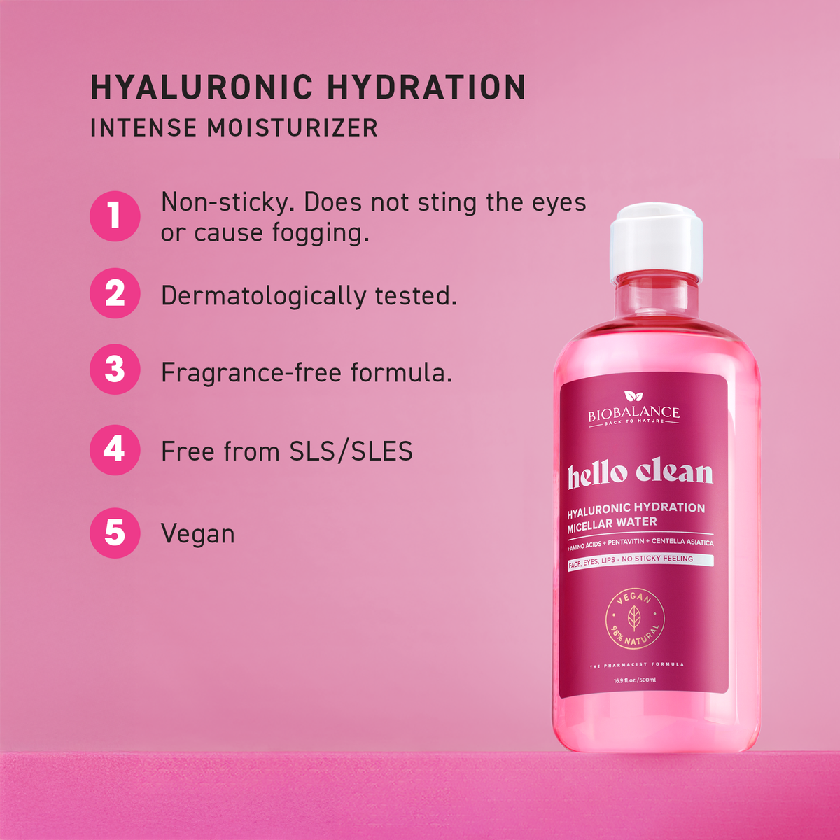 BIO BALANCE Hello Clean Hyaluronic Hydration – drėkinamasis micelinis vanduo su hialuronu