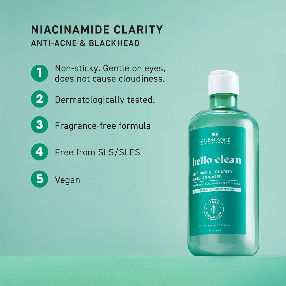 BIO BALANCE Hello Clean Niacinamide Clarity – valomasis micelinis vanduo su niacinamidu