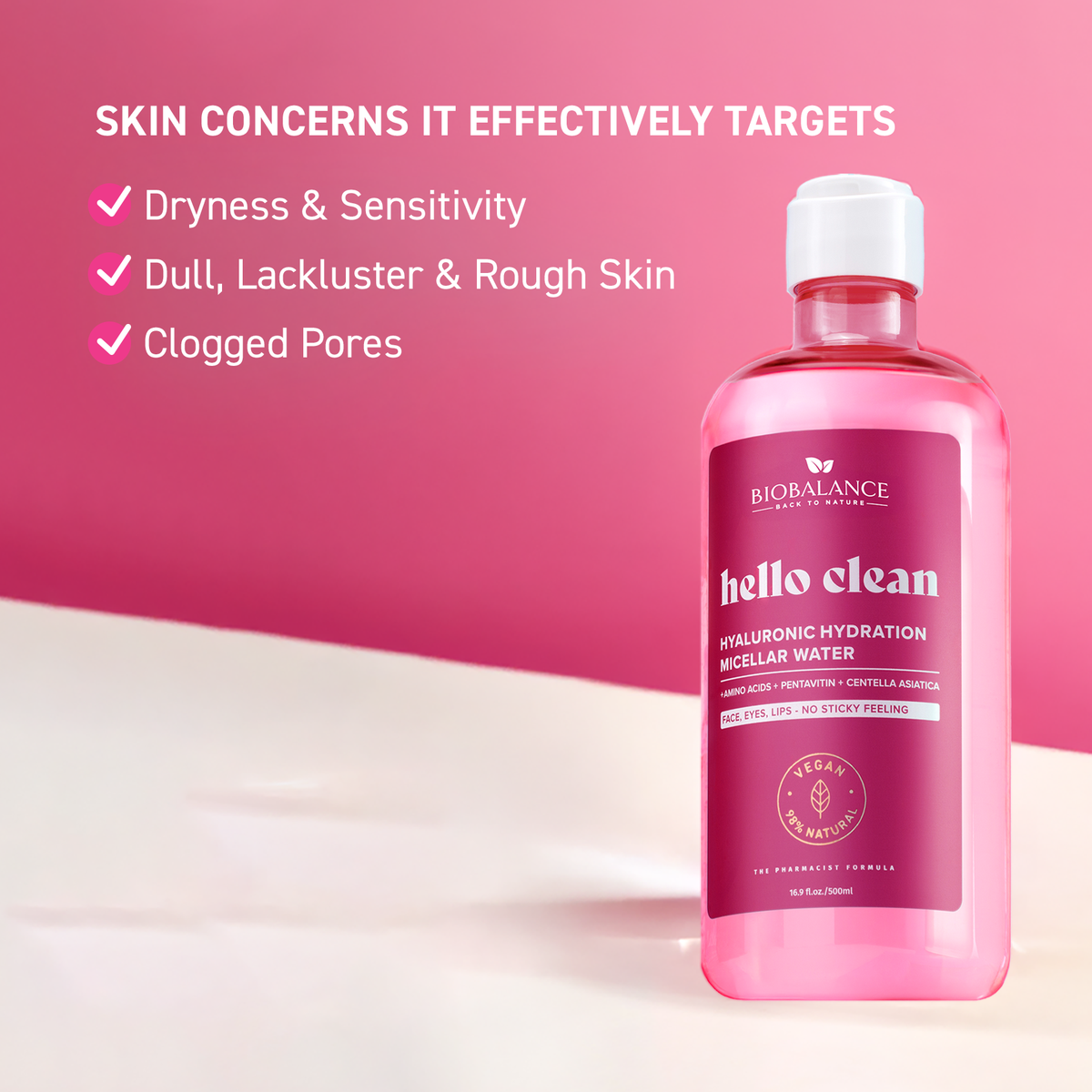 BIO BALANCE Hello Clean Hyaluronic Hydration – drėkinamasis micelinis vanduo su hialuronu