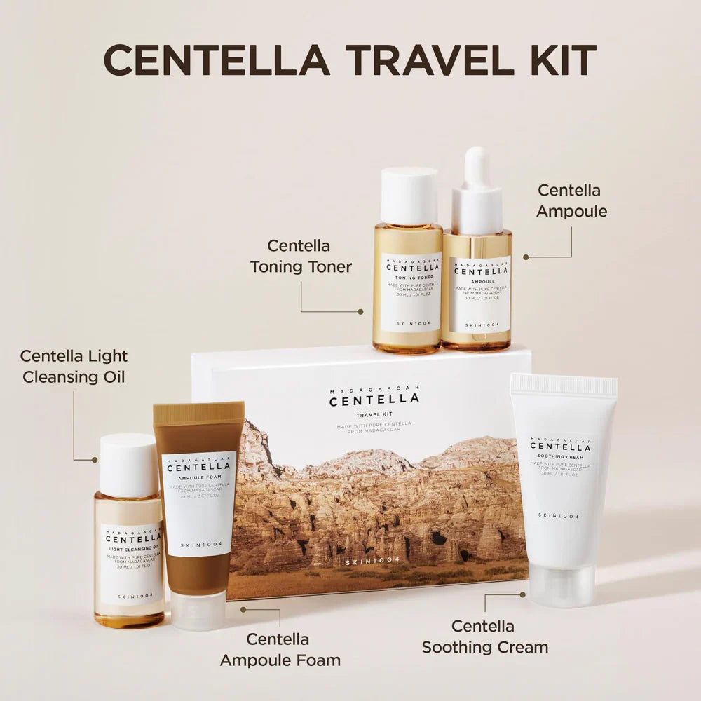 Madagascar Centella Travel Kit – raminantis ir drėkinantis kelioninis veido priežiūros rinkinys