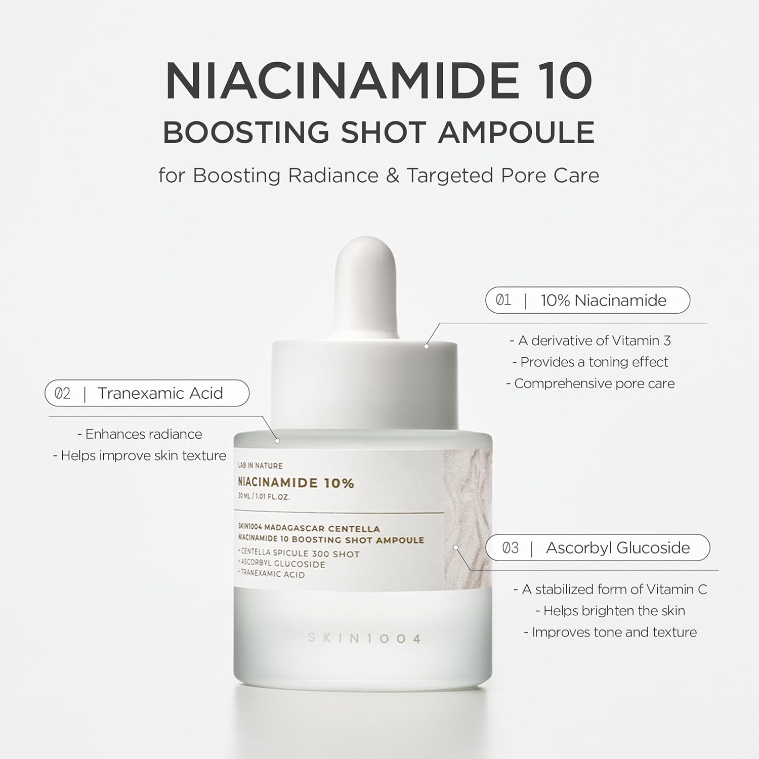 Madagascar Centella Niacinamide 10 Boosting Shot Ampoule – tonizuojanti ir spindesio suteikianti ampulė