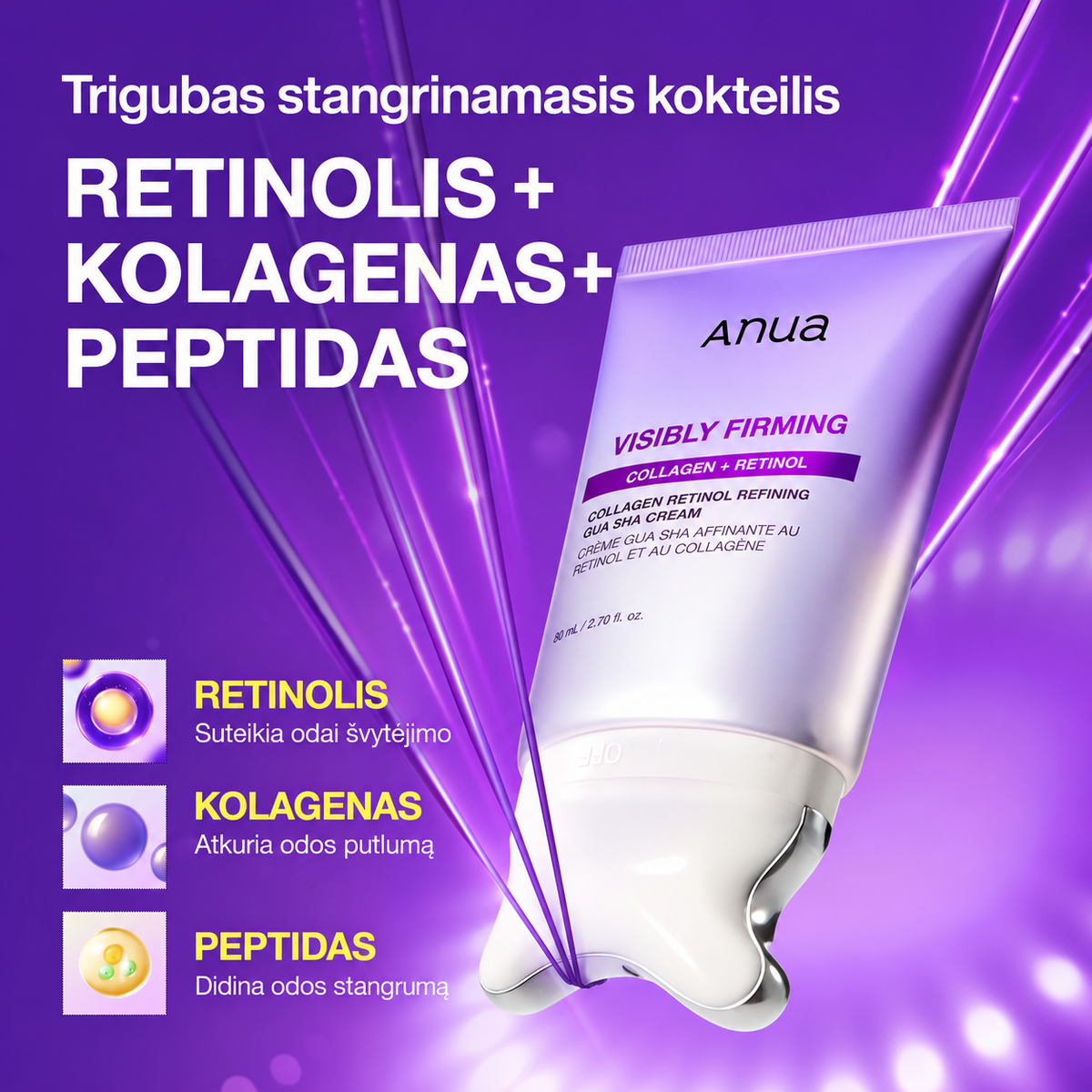 ANUA Visibly Firming Collagen Retinol Gua Sha Cream – stangrinantis veido, kaklo ir dekoltė kremas su retinoliu