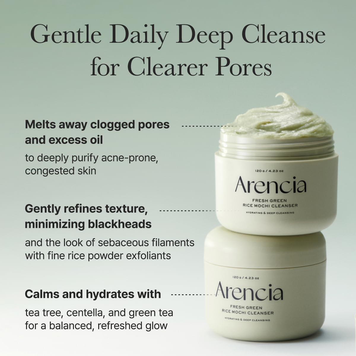 Arencia Green Rice Mochi Cleanser - gaivinantis veido prausiklis su augaliniais ekstraktais