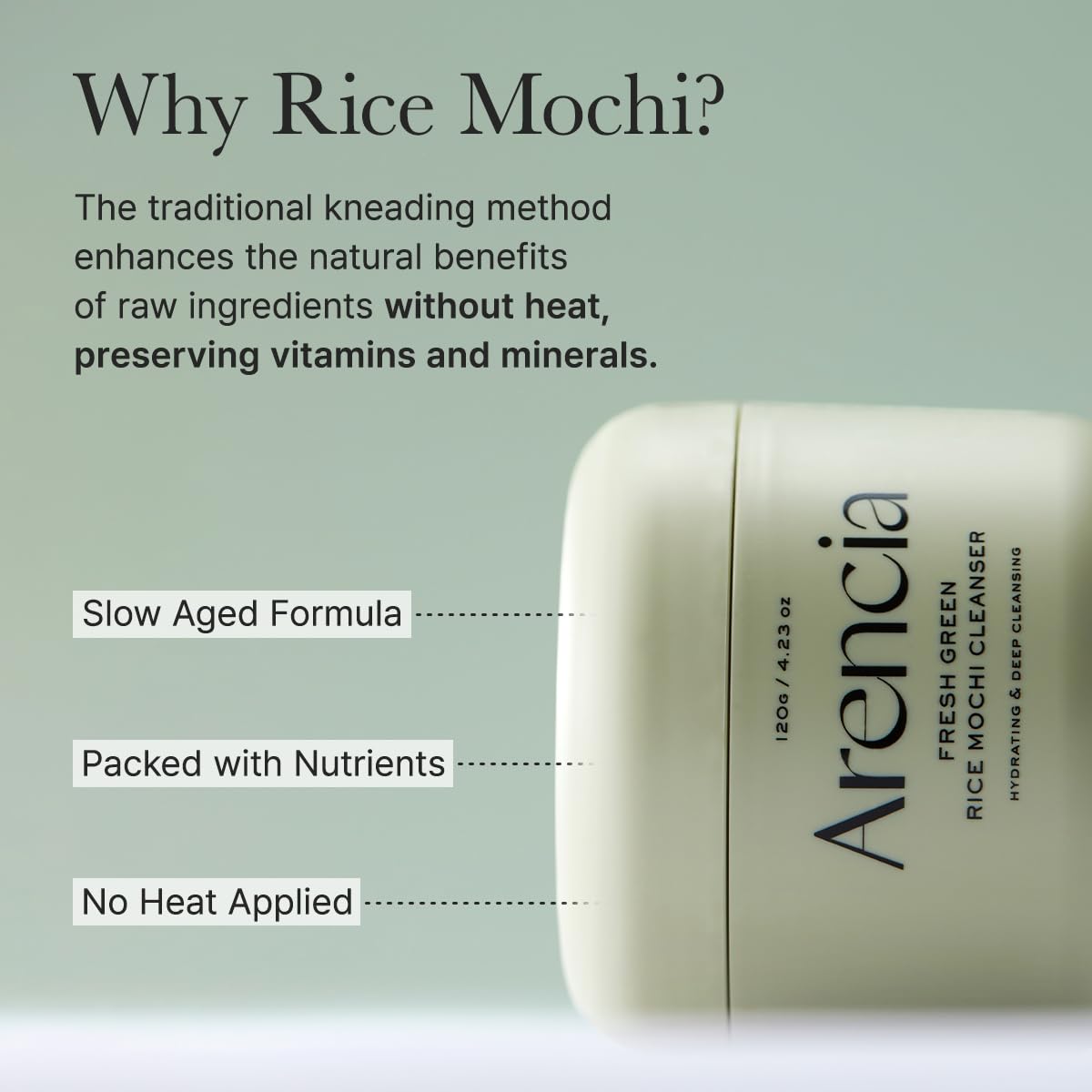 Arencia Green Rice Mochi Cleanser - gaivinantis veido prausiklis su augaliniais ekstraktais