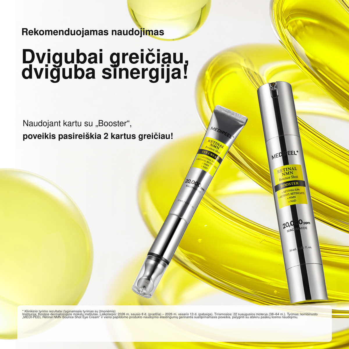 MEDIPEEL Retinal NMN Bounce Shot Eye Cream – stangrinamasis paakių kremas su vibruojančiu aplikatoriumi