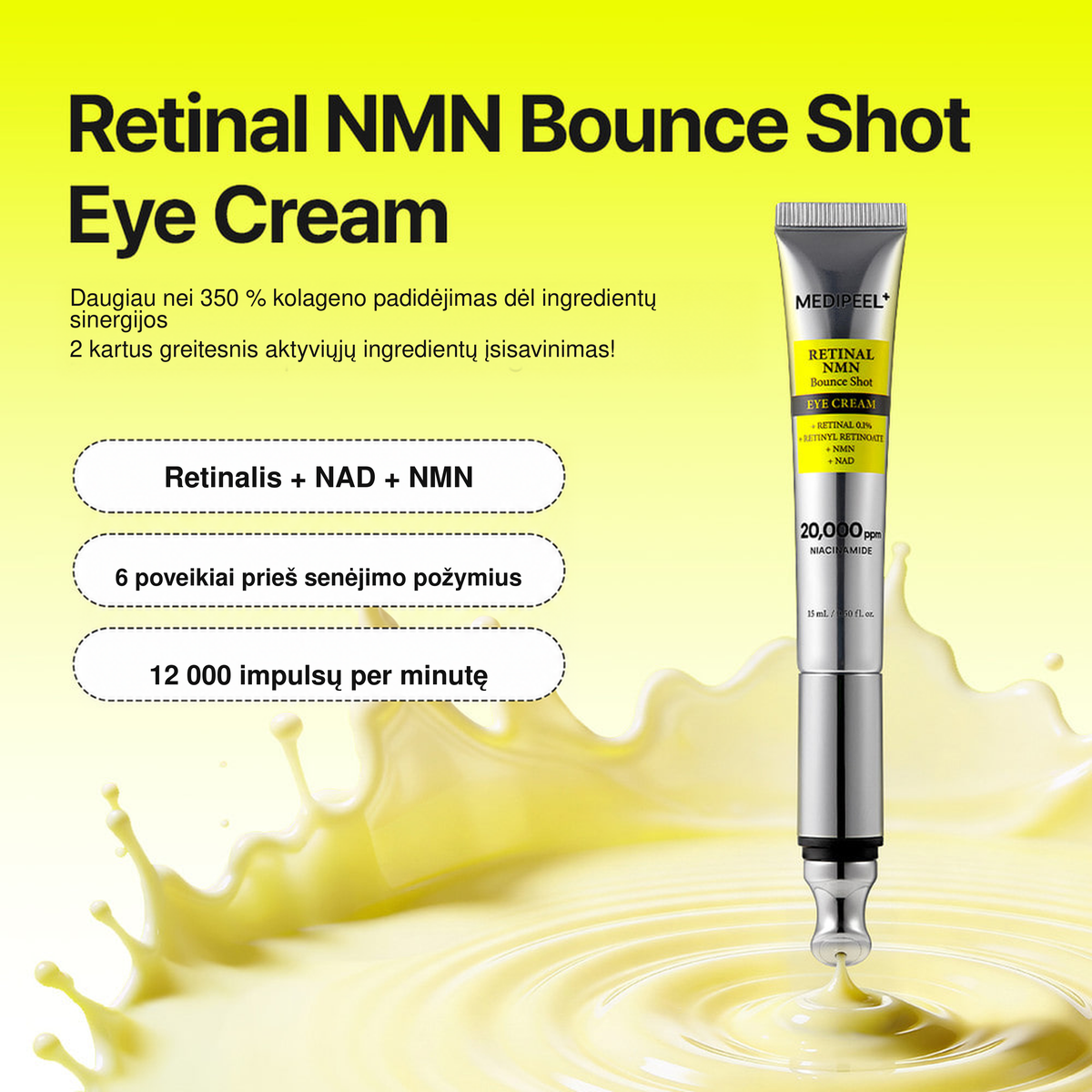MEDIPEEL Retinal NMN Bounce Shot Eye Cream – stangrinamasis paakių kremas su vibruojančiu aplikatoriumi