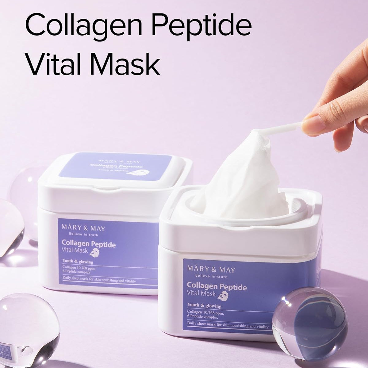 MARY&amp;MAY Collagen Peptide Vital Mask – stangrinančios lakštinės veido kaukės (30 vnt)