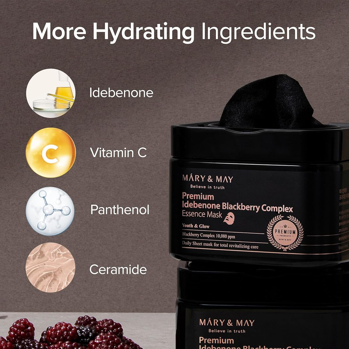 MARY&amp;MAY Premium Idebenone Essence Mask – jauninančios lakštinės veido kaukės (30 vnt)