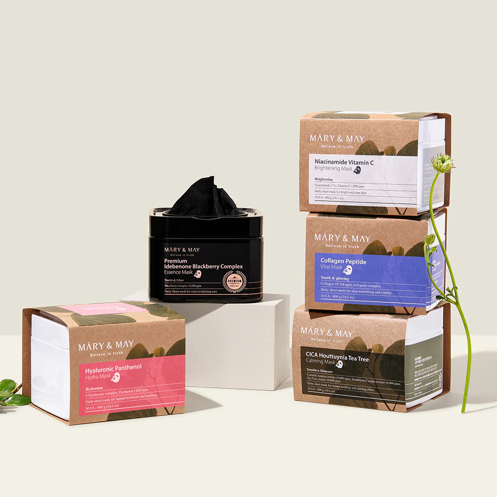 MARY&amp;MAY Premium Idebenone Essence Mask – jauninančios lakštinės veido kaukės (30 vnt)