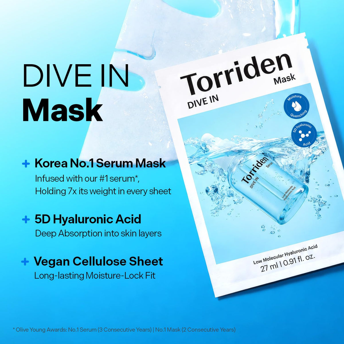 TORRIDEN DIVE-IN Low Molecule Hyaluronic Acid Mask – drėkinamoji lakštinė veido kaukė